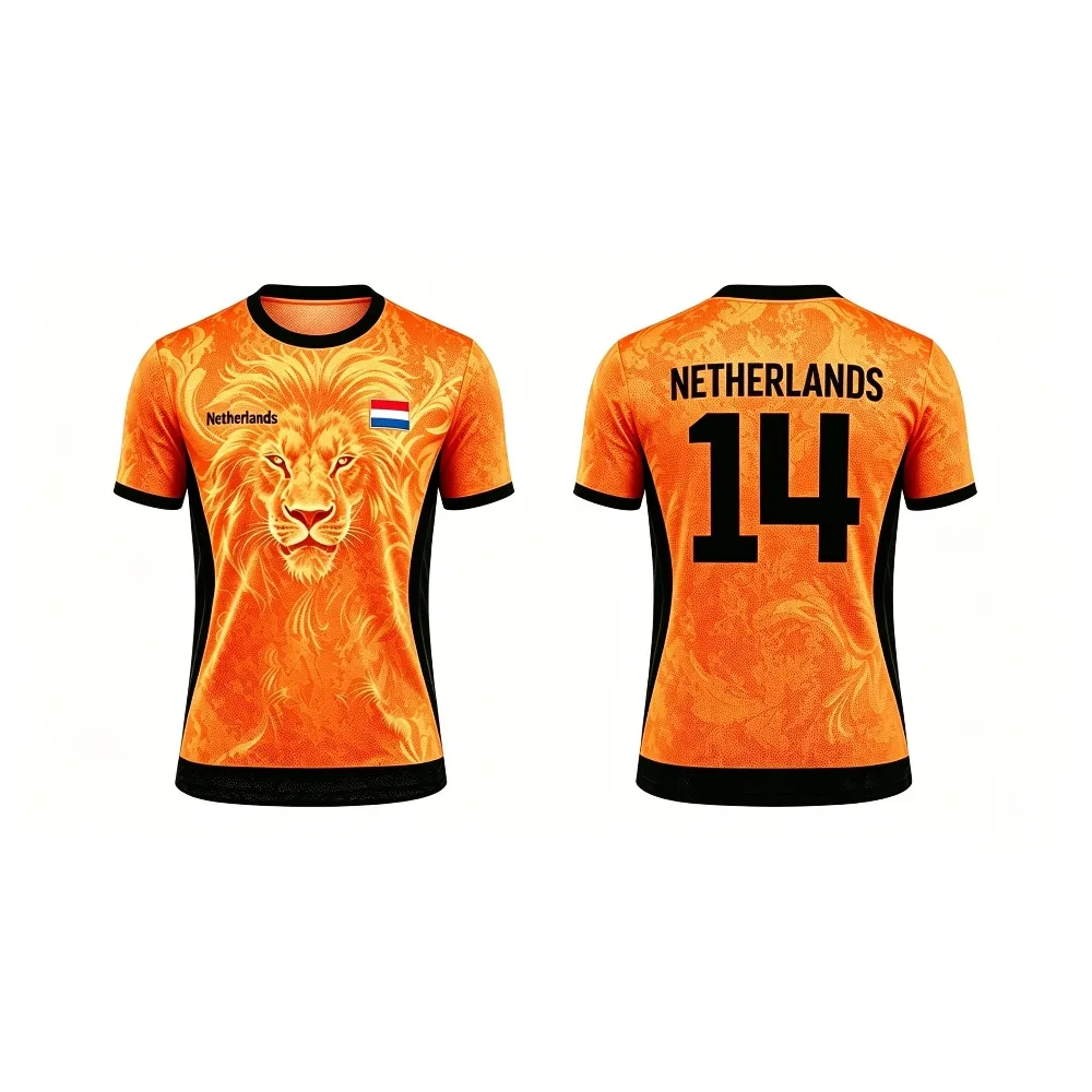 Orange Lion Graphic Soccer Jersey for Fans Netherlands Inspired Unisex Short Sleeve Football Tee Number 14 Sports Shirt Top