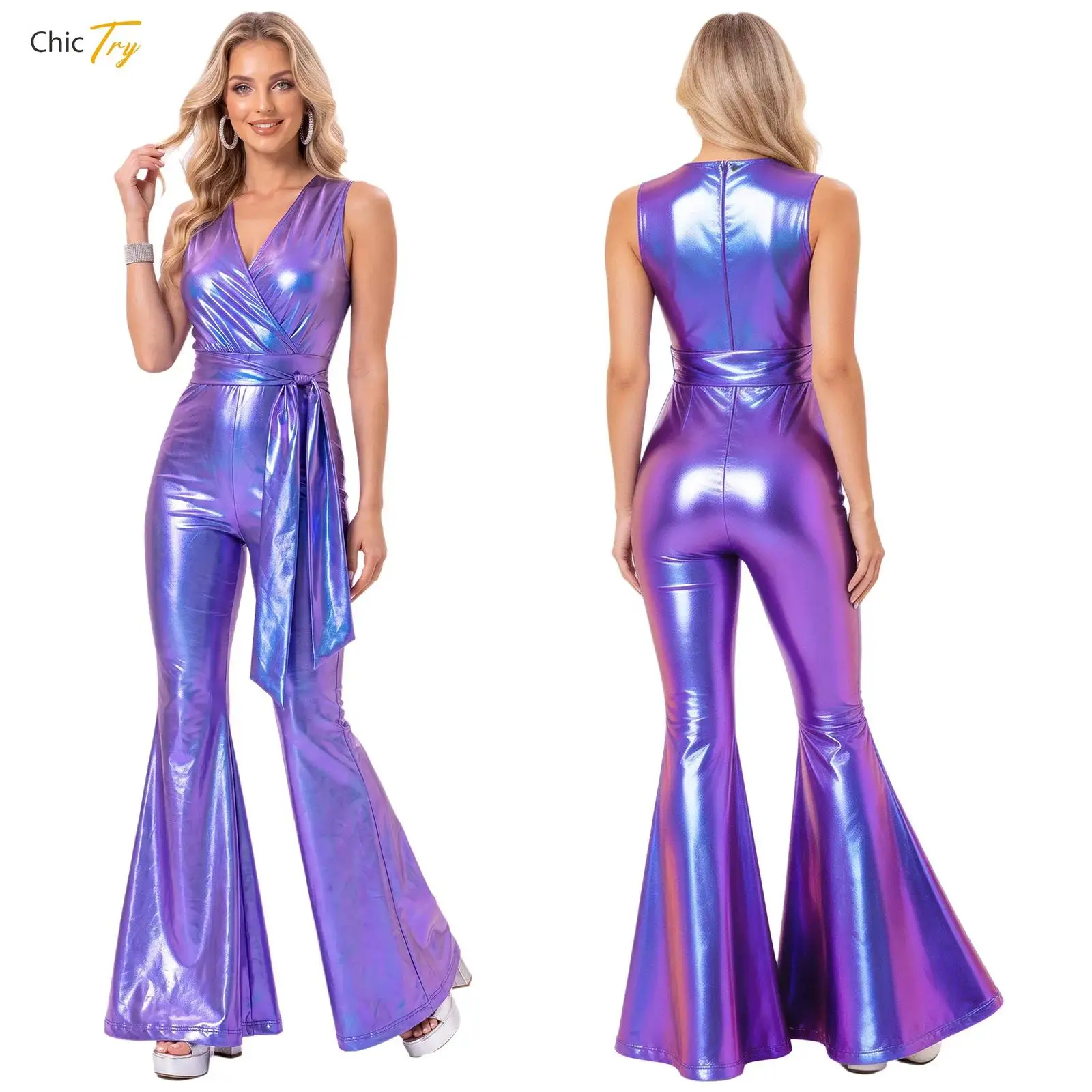 Mono de baile de jazz metálico para mujer, con corte acampanado, brillante, estilo disco de los años 70, mono vintage con escote en V, sin mangas, estilo hippie, con cinturón.