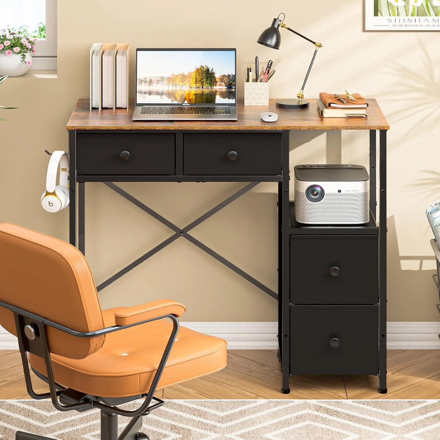 

Compact Rustic Brown Computer Desk with 4 Fabric Drawers, Ideal for Home Office and Kids Study in Small Spaces