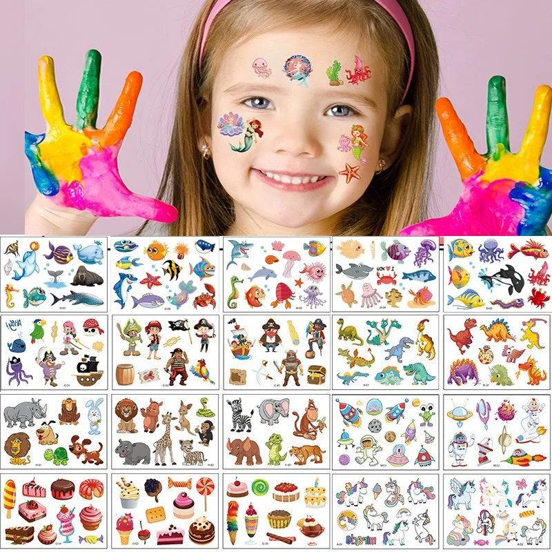 12Pcs Fake Child Tattoo Stickers Cartoon Temporary Tattoos Kids Arms DIY Art Cartoon Collection Cute Unicorn Animals Dinosaur