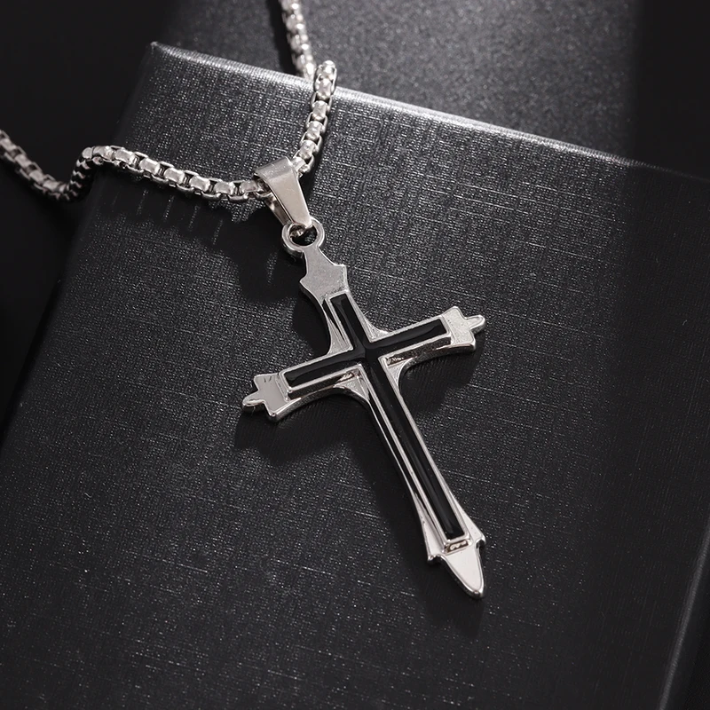 Stainless Steel Black Cross Pendant Catholic Crucifix Cross Exquisite Jewelry Valentine's Day Gift for Boyfriend and Girlfriend