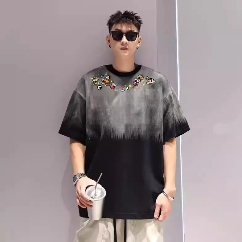 

Мужская летняя футболка большого размера с мультяшным принтом в гонконгском стиле, из чистого хлопка, повседневная, новинка