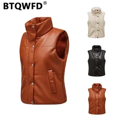 BTQWFD Vrouwelijke Kleding Mouwloze Vesten Lente Herfst Winter Leer Vrouwen Casual Motorfietsen Uitloper Mode Streetwear Rits