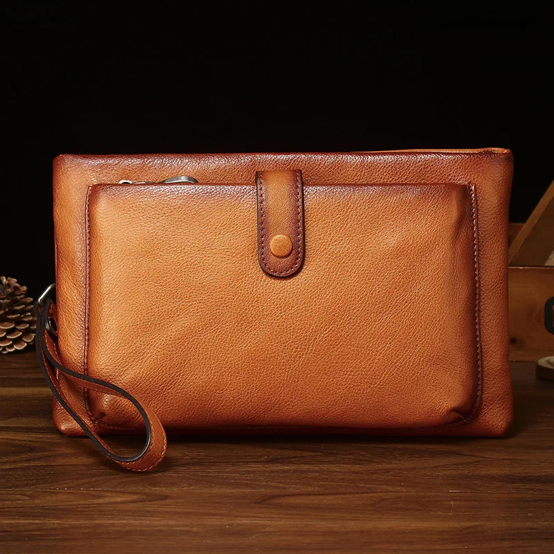 2022 Summer Men's Genuine Leather Clutch Bag Retro Rub Colored Personality Trendy Bags Business Leisure Large-Capacity Handbag