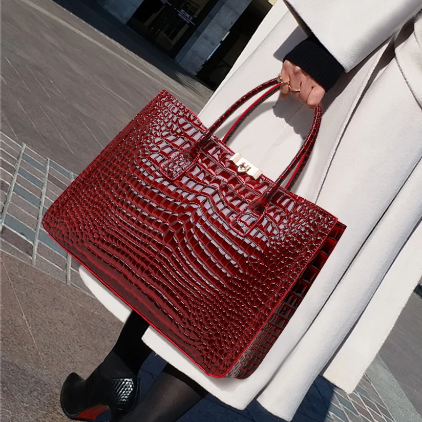 Genuine Cowhide Women Shoulder Tote Bag, Glossy Croc Pattern Leather Handbag, Large Work Purse with Removable Crossbody Strap