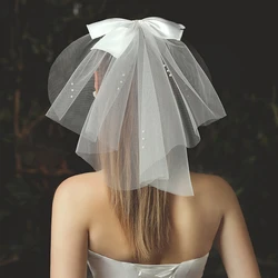 우아한 웨딩 신부 웨딩 머리 장식, 흰색 베일 헤드피스, 모조 진주 활 짧은 베일 백 헤드 장식, 헤어 액세서리