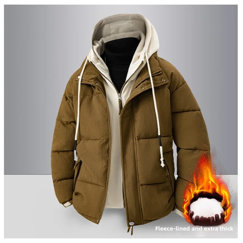 Новые мужские пальто на осень и зиму, теплые куртки с капюшоном на хлопковой подкладке, искусственные двухсекционные куртки на хлопковой подкладке, пара одежды для мужчин