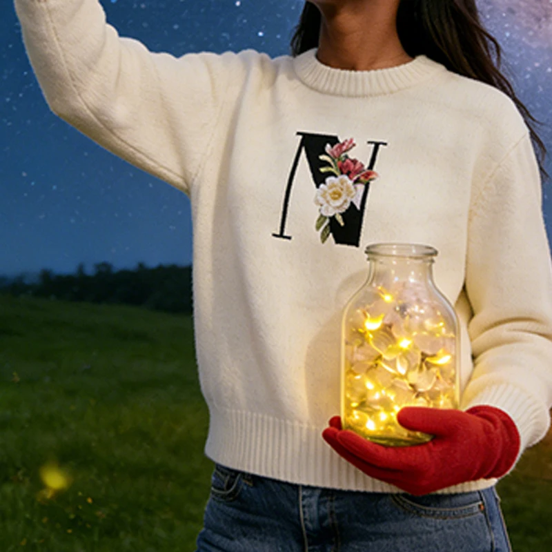 เสื้อสเวตเตอร์ไหมพรมลายตัวอักษร สไตล์สตรีทแวร์น่ารัก ของขวัญคริสต์มาสสำหรับฤดูหนาว ทรงหลวม สบายๆ แฟชั่นผู้หญิง แขนยาว คอกลม