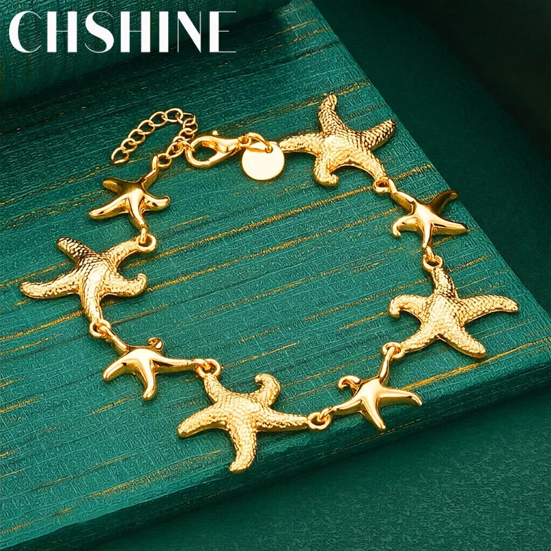 925 Sterling Silver 18K Gold  Mixed Size Starfish Link Bracelet Extension for Women Ocean Inspired Summer Vacation Jewelry