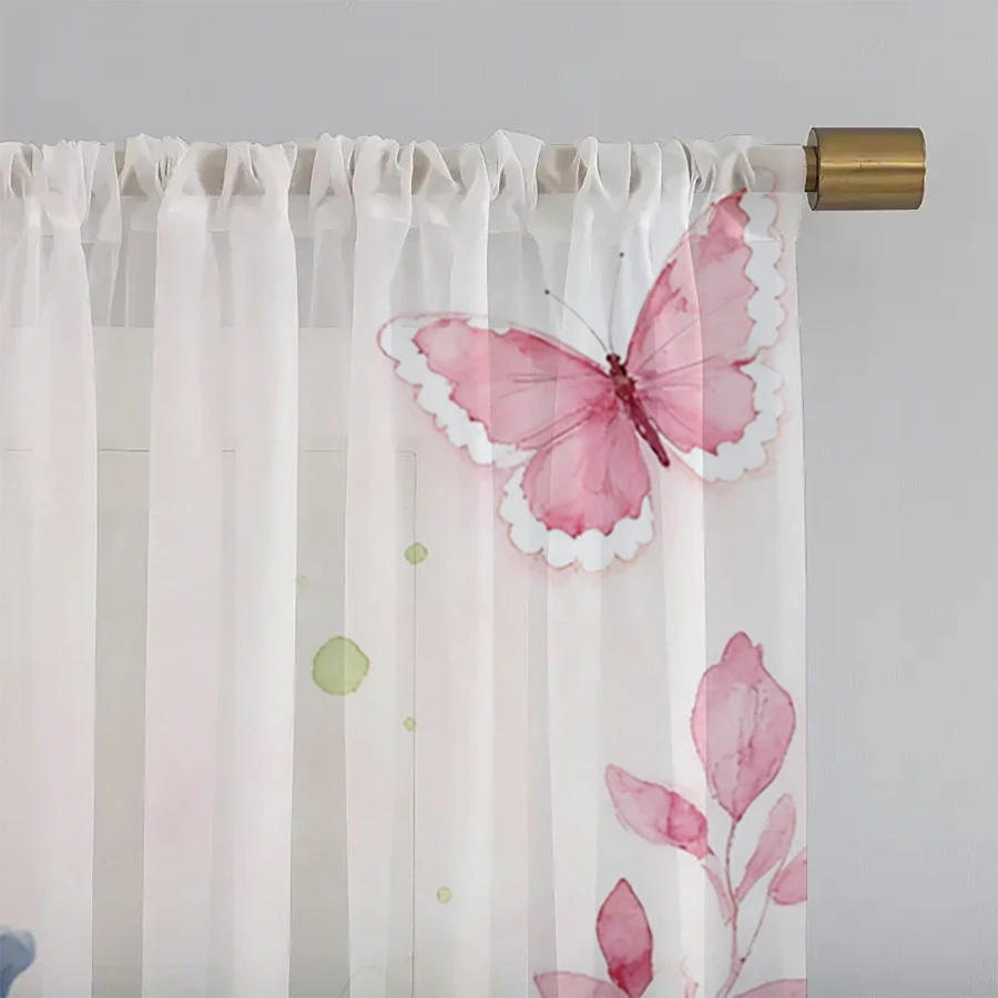 2PCS Digital Print Sheer Curtain, Pink Lily Butterfly, Vintage Floral Window Curtains for Living Room Bedroom Home Decor