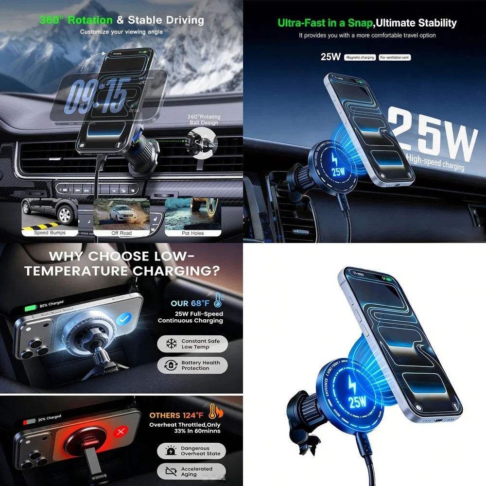 Wireless Car Charger Phone Holder 25W Magnetic Vent Clip 360 Ball Rotate Fast Charge for iPhone 17 Samsung S26 S25 Ultra Android