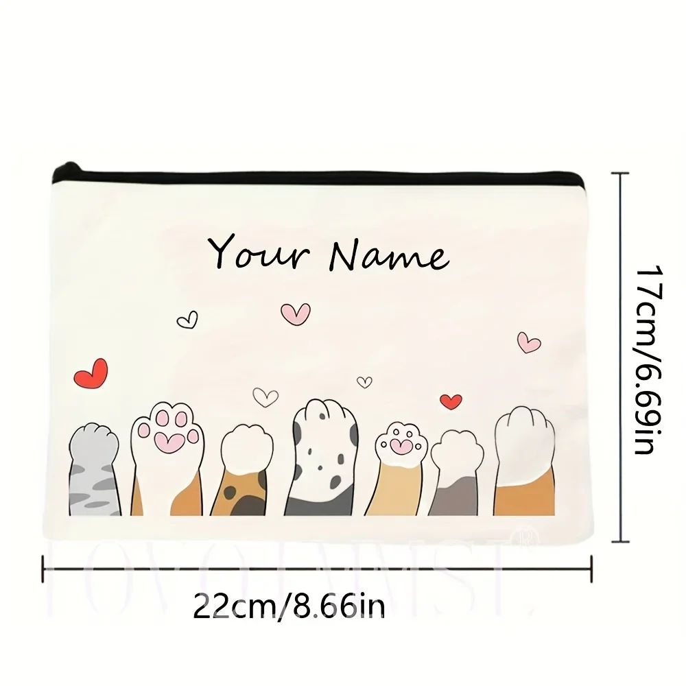 Personalized Cat Themed Canvas Makeup Bag Cute Cat Paws Print Portable Cosmetic Bag For Gifts