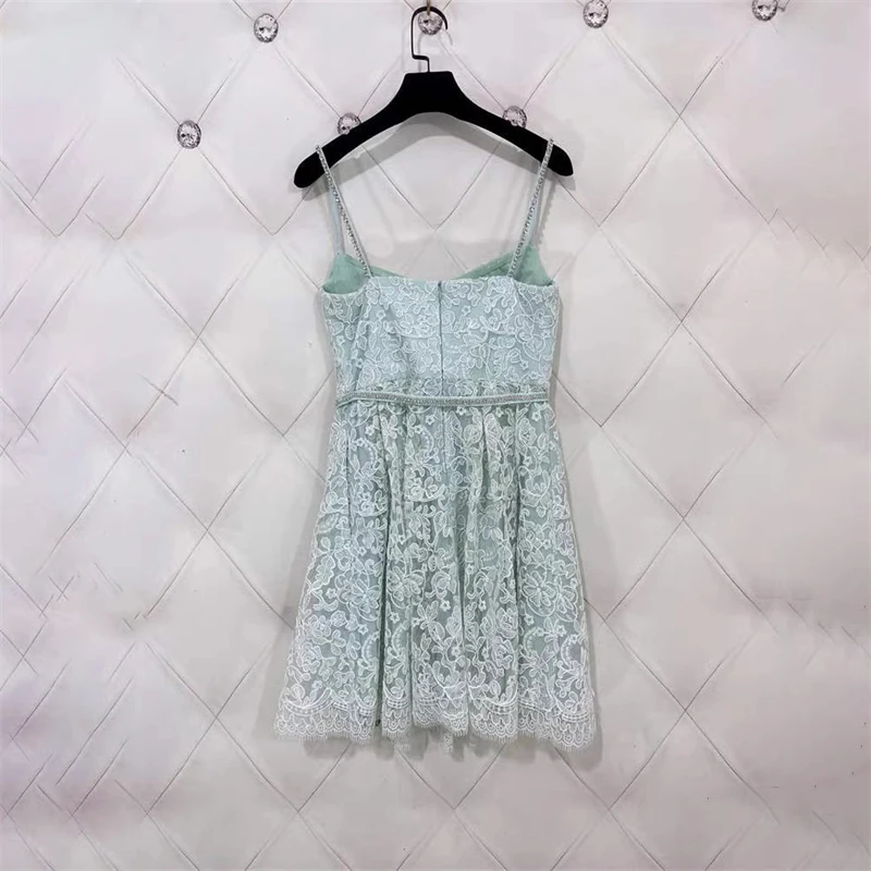 Vestido con tirantes de diamantes de imitación de encaje soluble en agua Verde menta, minifalda informal y2k de alta calidad, primavera y verano, novedad de 2024