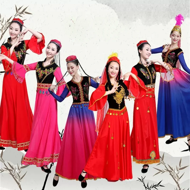 Disfraz de baile de Xinjiang para mujer, traje elegante para mujeres adultas, vestido de actuación en escenario, vestido de baile folclórico chino