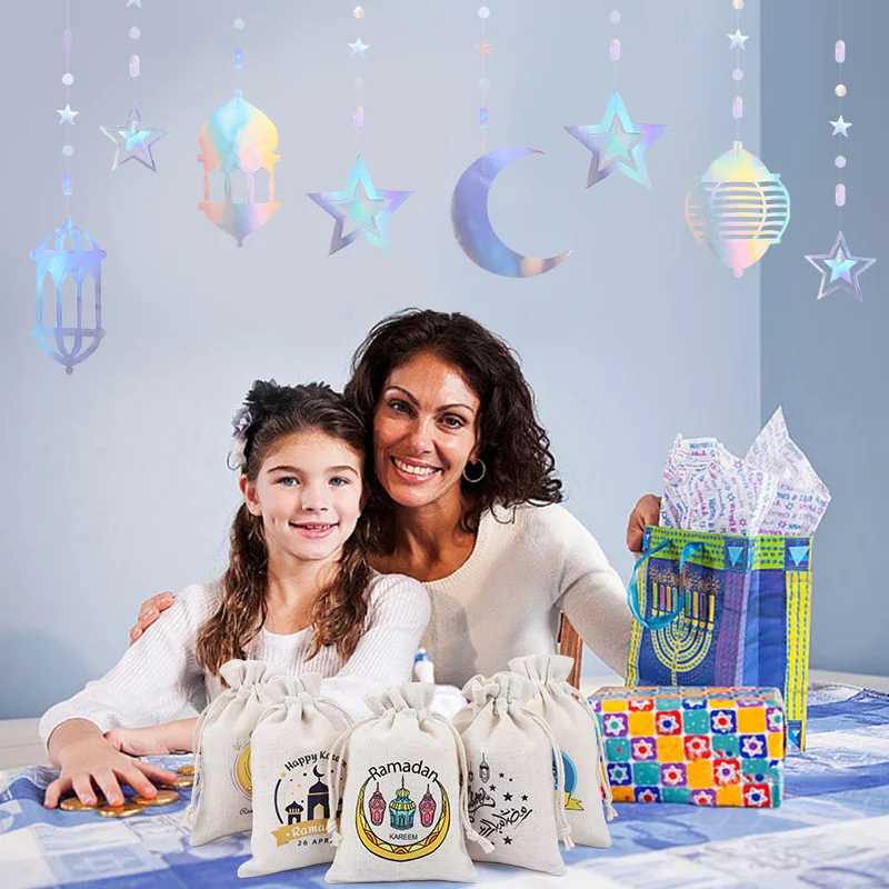 10Pcs Ramadan Kareem Linen Gift Bag 2026 Islamic Muslim Party Home Decoration Supplies Eid Mubarak Candy Snack Packaging Pouches