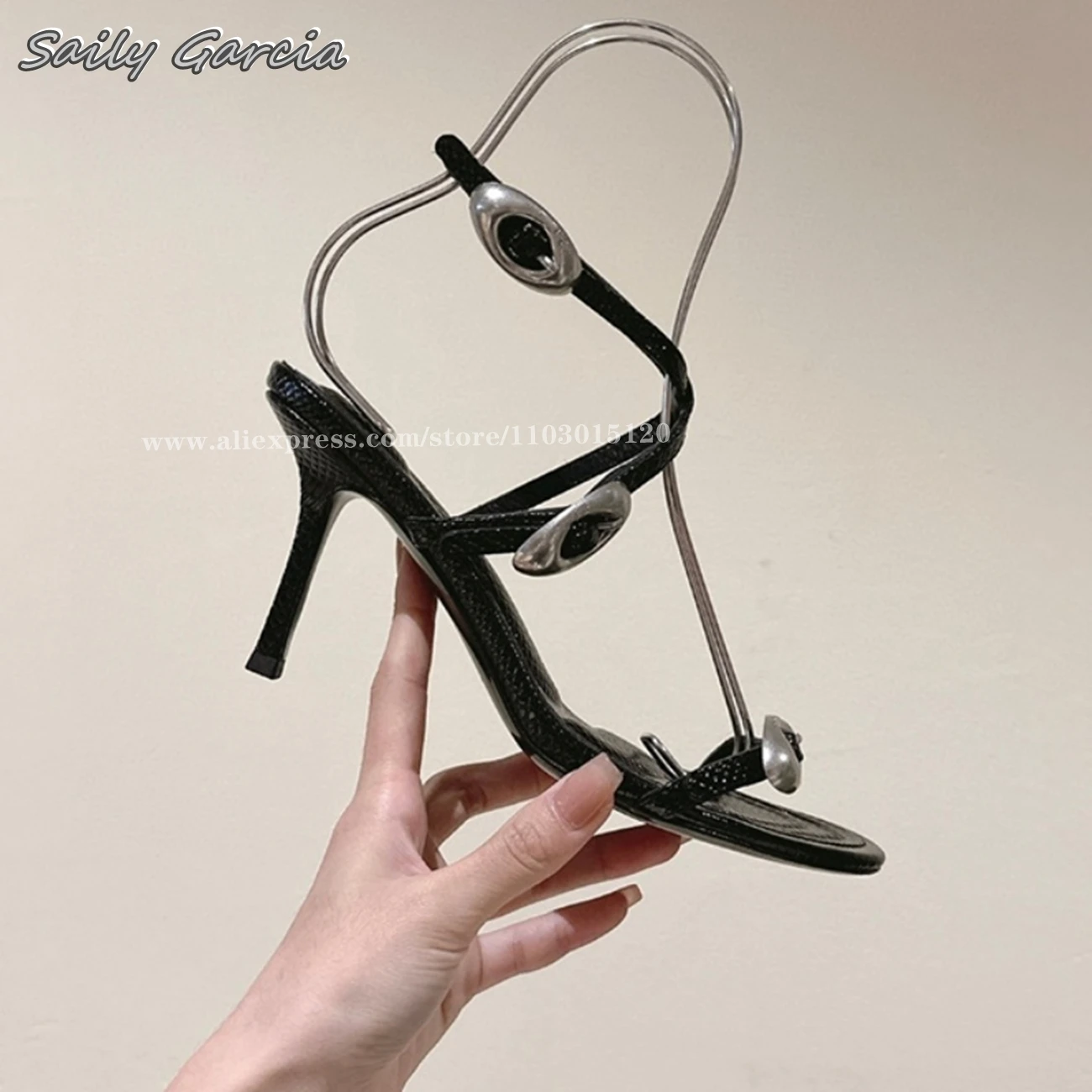 

Genuine Leather Metal One Word Belt Buckle Strap Sandals 2024 Summer NEW Sexy Stiletto High Heels Open Toe Cross Straps Slippers