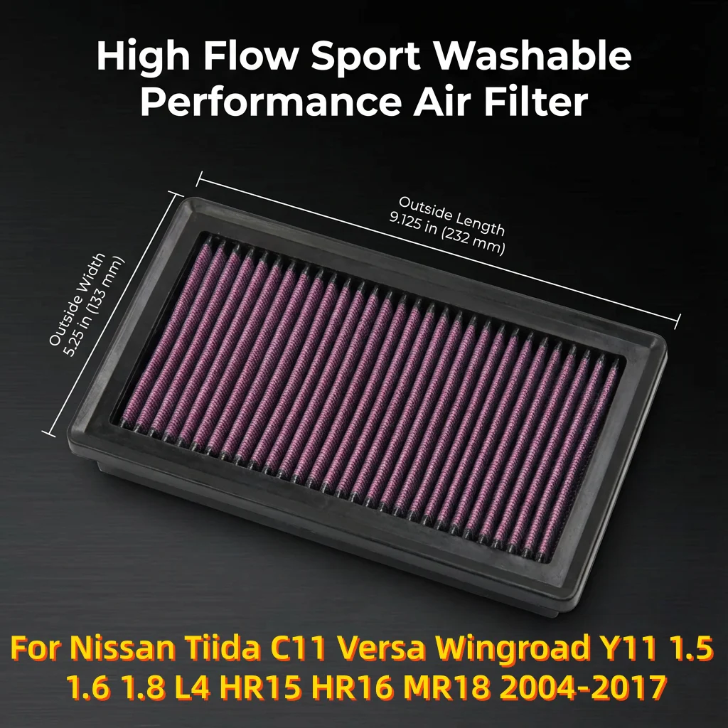 

For Nissan Tiida C11 Versa Wingroad Y11 1.5 1.6 1.8 L4 HR15 HR16 MR18 2004-2017 High Flow Sport Washable Performance Air Filter