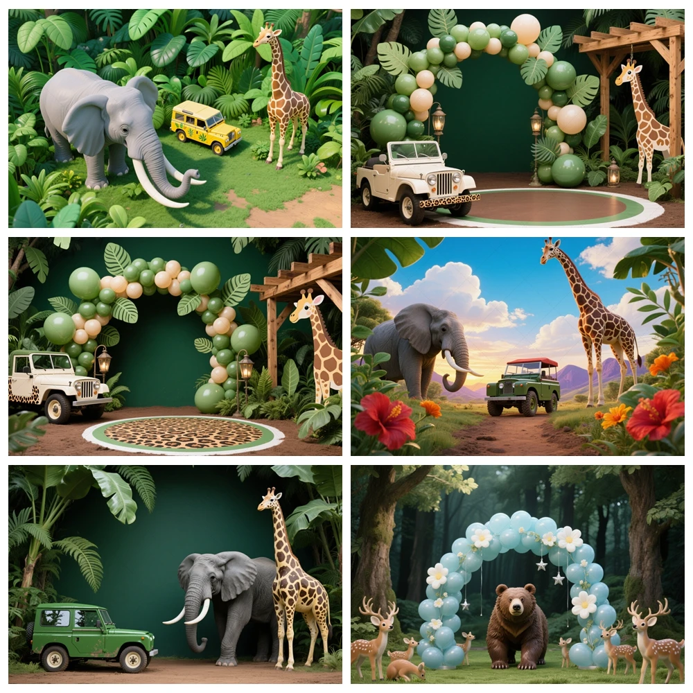 

Safari Animals Photography Background Tropical Jungle Kids Birthday Cake Smash Portrait Decor Baby Shower Backdrop Photo Studio