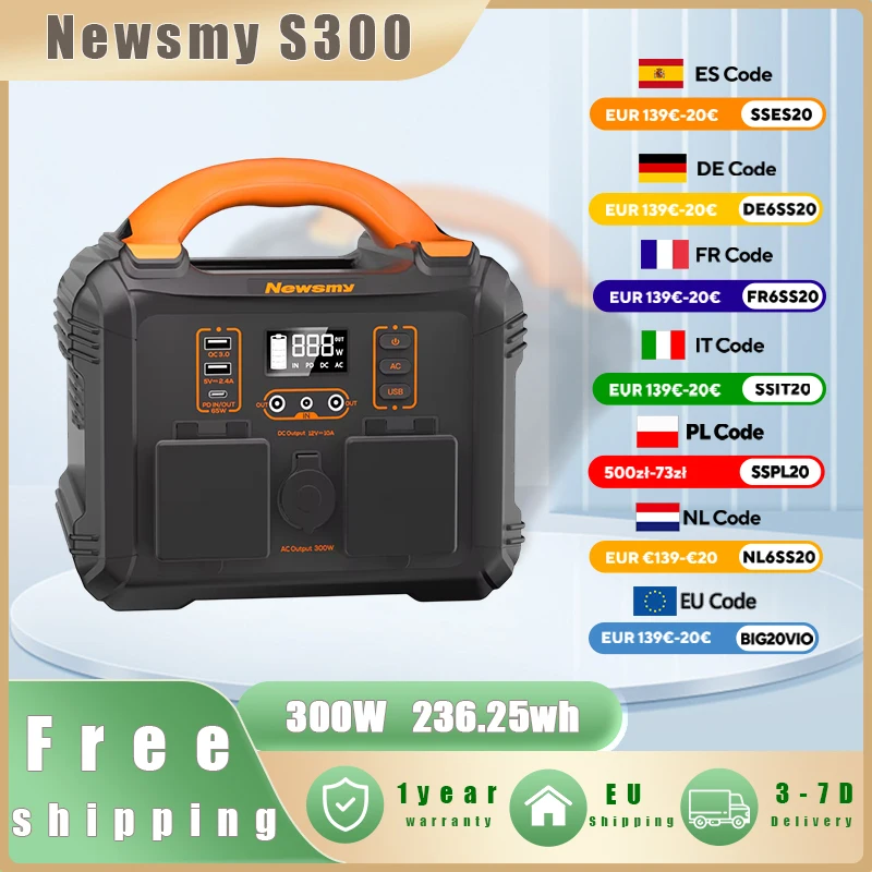 Newsmy S300 Tragbare Powerstation 300W Solargenerator AC DC Typ-C Ausgang Notstromversorgung für Zuhause Outdoor Camping Mobile Stromversorgung