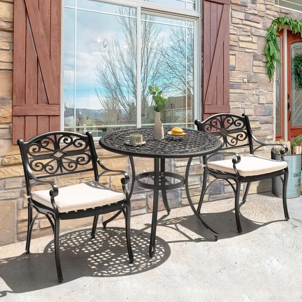 

3 Piece Outdoor Bistro Set Cast Aluminum Patio Set Bistro Table and Chairs Set of 2, Outdoor Patio Table Set with Umbrella Hole