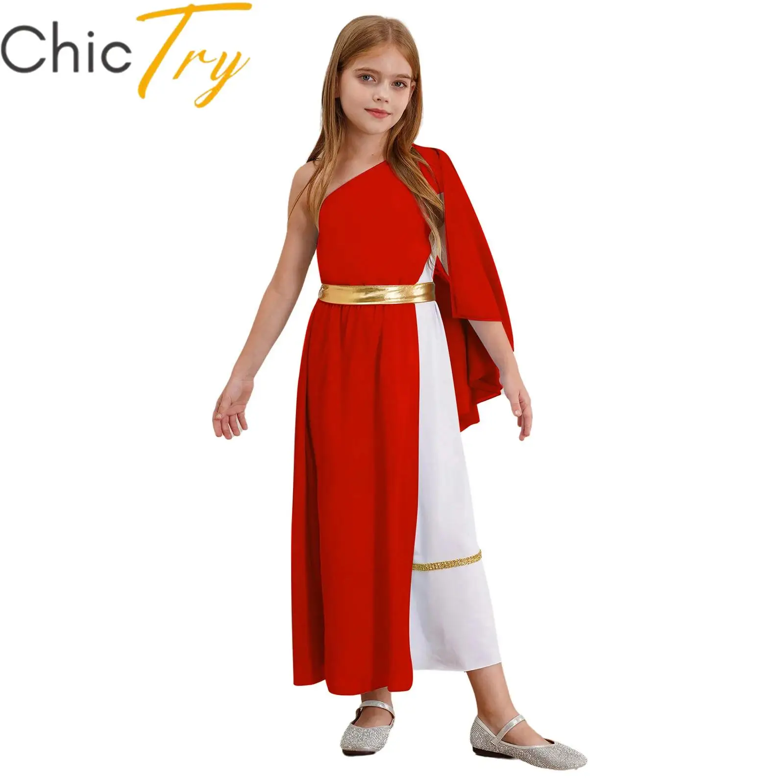 Kids Girls Ancient Greek Princess Toga Goddesses Costume Sleeveless Halloween Grecian Gown Flowy Tulle Shawls Carnival Dress Up