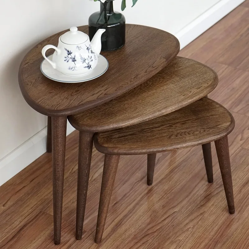 Ensemble de 3 tables gigognes en chêne massif, tables en galets du milieu du siècle, pieds coniques, meubles de maison en bois de style rétro