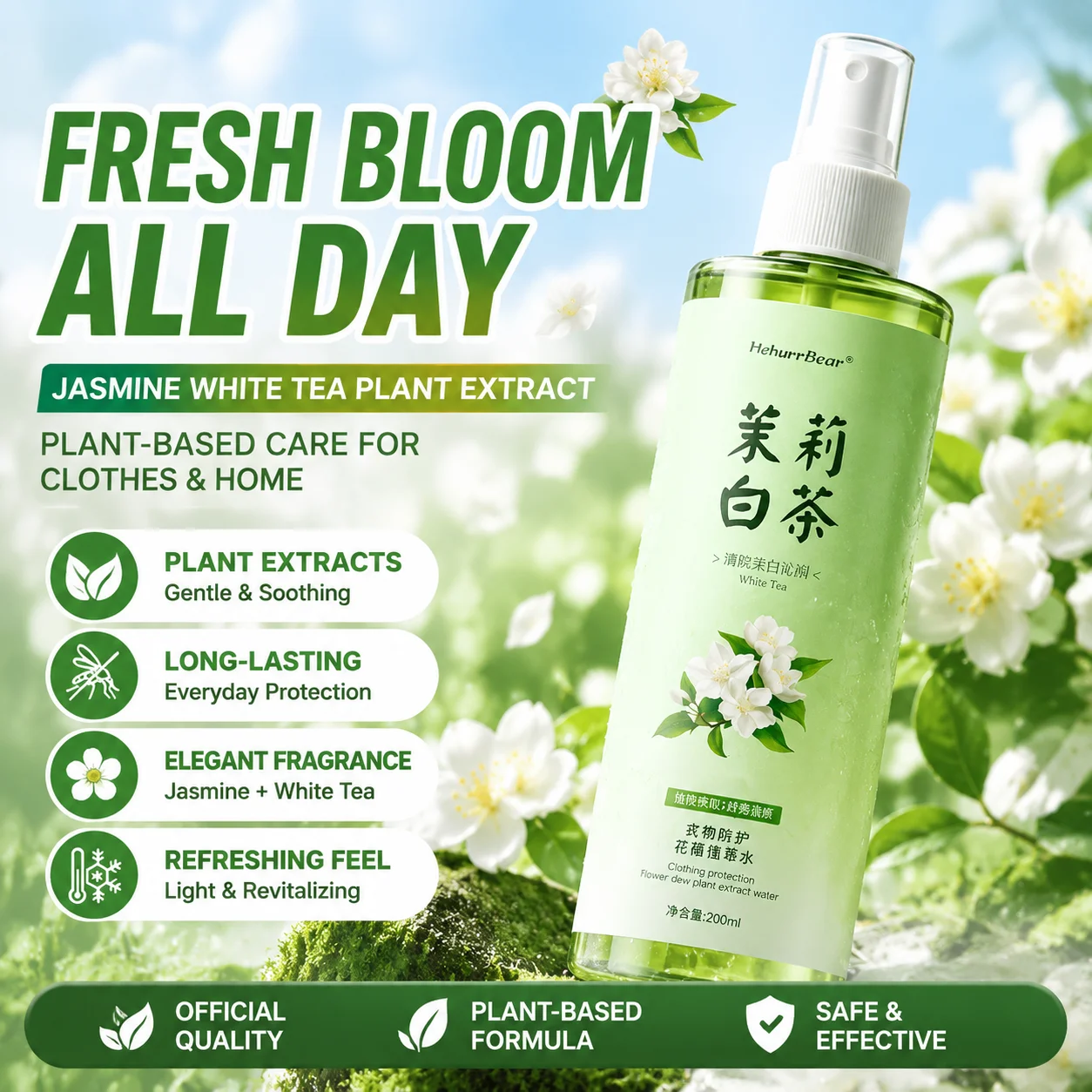 Jasmine White Tea Herbal Extract Perfumed Water for a Refreshing, Water-Resistant, Sweatproof, and Freshly Scented Fragrance