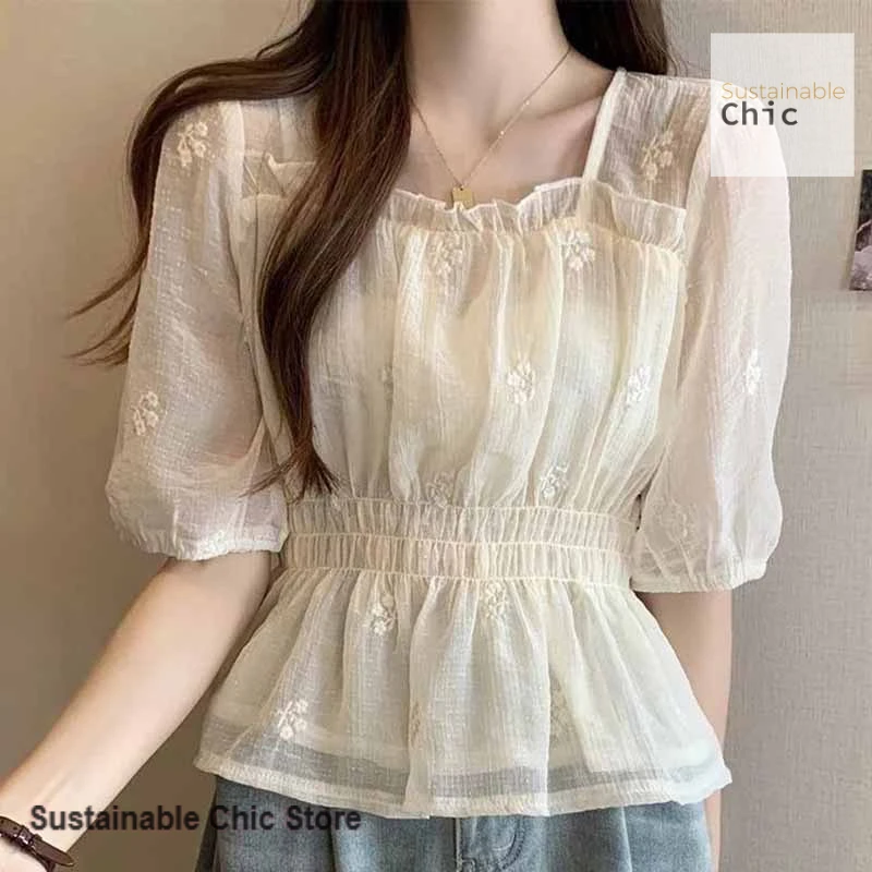 

French style embroidered wooden ear small fragrant chiffon shirt women's summer new short sweet wind casual Joker waist top.