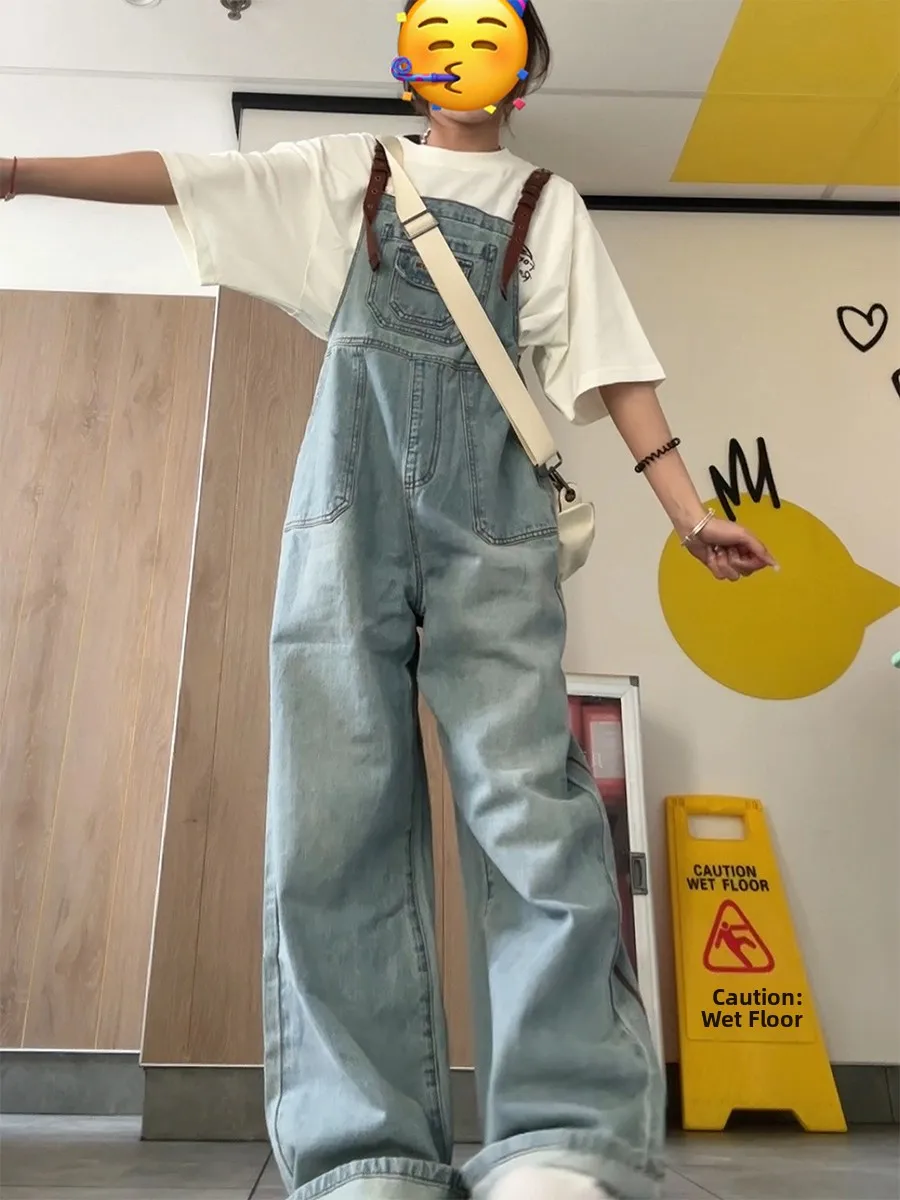 

Женские летние джинсовые комбинезоны в ретро-японском стиле с коричневыми пуговицами, прямые широкие штанины, с высокой талией, не мнущиеся