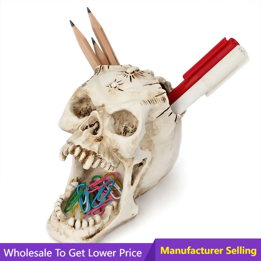 

Pen Holder Simulation Skull Statue Decorative Desktop Pencil Organizer Resin Scary Stationery Organizer Makeup Storage