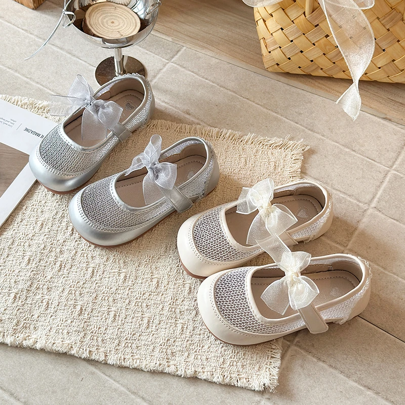 

Toddler Girls Hollowed-out Mesh Leather Shoes with Ribbon Bow 2026 New Summer Kids Dress Shoes Non-slip Trendy Princess Party