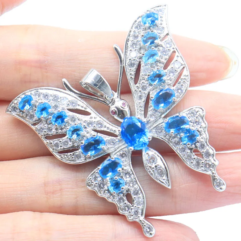 

46x45mm SheCrown Big Butterfly Shape Swiss Blue Topaz Green Amethyst Pink Tourmaline CZ Women Silver Pendant