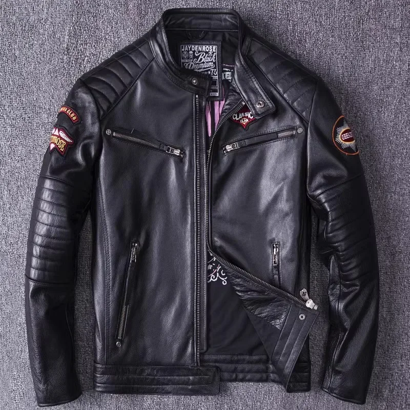 LNY Shop Best.Cool Motor Rider real leather jacket,Mens Vintage leather coat.slim fit natural cowhide clothes.Classic biker