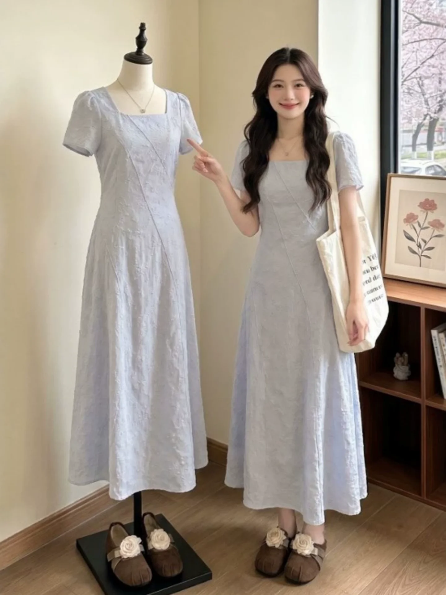 Elegant Square Collar Short Sleeve Women's Dress Slimming Waist Gentle Style Summer Fashion plus Size A-Line Skirt Dress