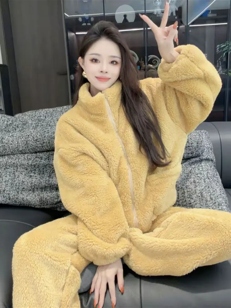 

Women's Thickened Fleece Pajamas Set Home Clothes Long Sleeve High Waist Loose Fit High Quality Warm Autumn Winter Sleepwear