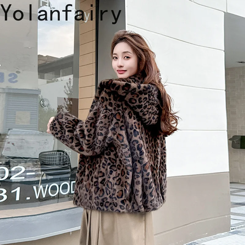 เสื้อโค้ทขนมิงค์แท้คุณภาพสูง YOLANFAIRY พร้อมฮู้ด เสื้อผ้าผู้หญิงแฟชั่นฤดูหนาว แจ็คเก็ตขนเสือดาว เสื้อโค้ทขนมิงค์แบบสั้น