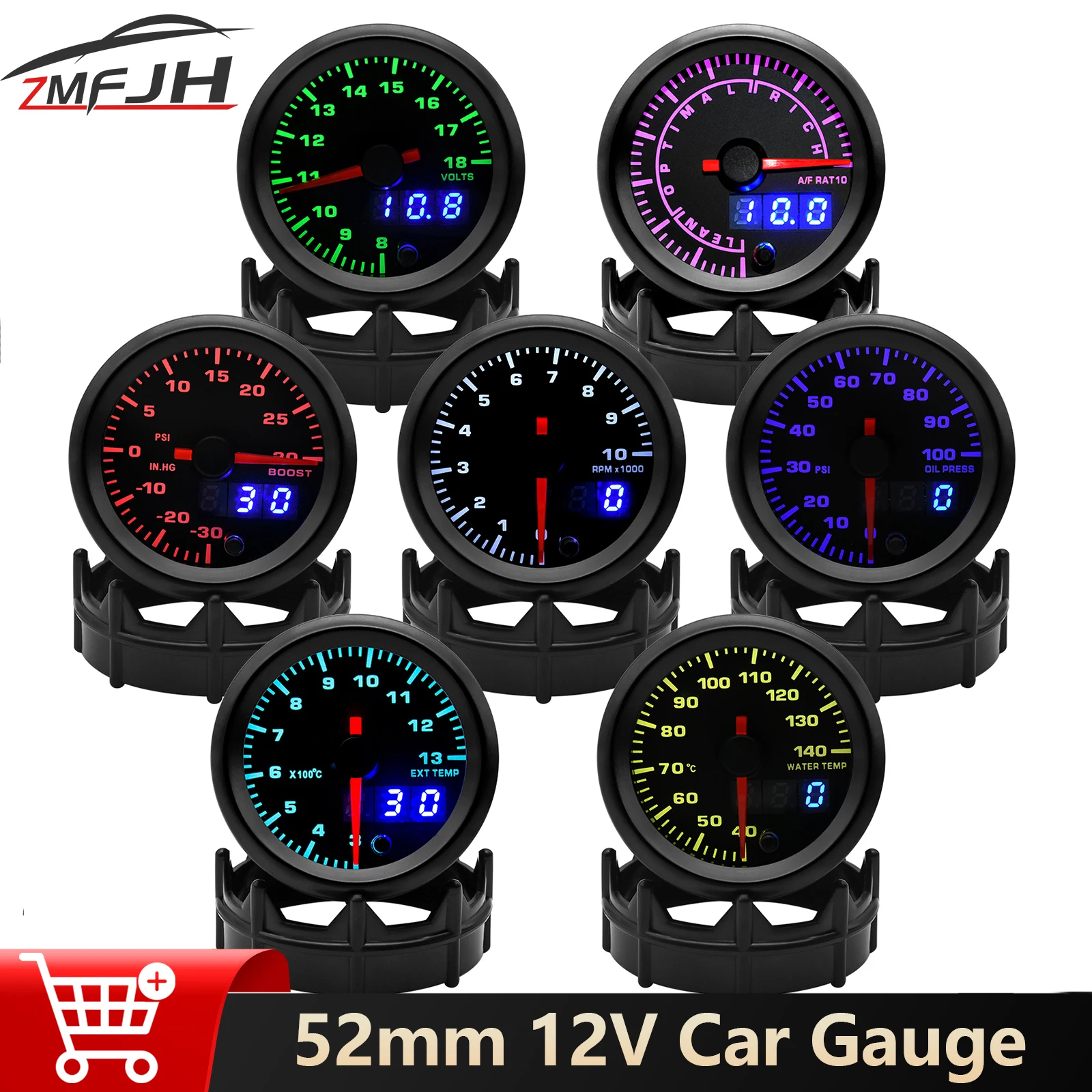 

52mm 12V Car Tachometer Water Temp Boost Oil Press Volt Air Fuel Ratio EXT Temp Gauge 7 Color Backlight Auto Car Gauge