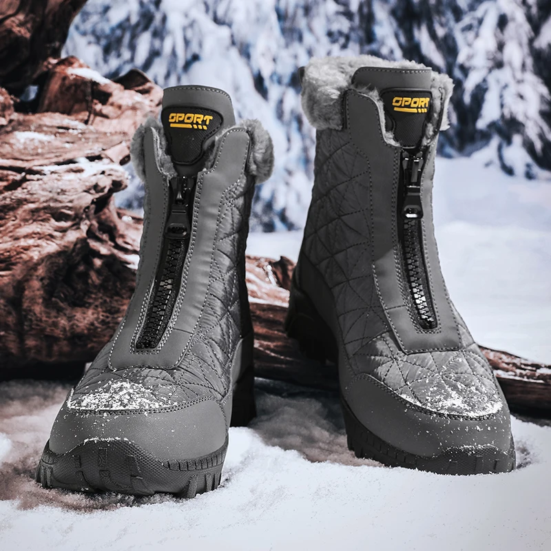 

2025 Winter warm tide boots grey man Nonslip Mid-calf boots plush Ankle boots mens waterproof snow boots zipper shoes big size