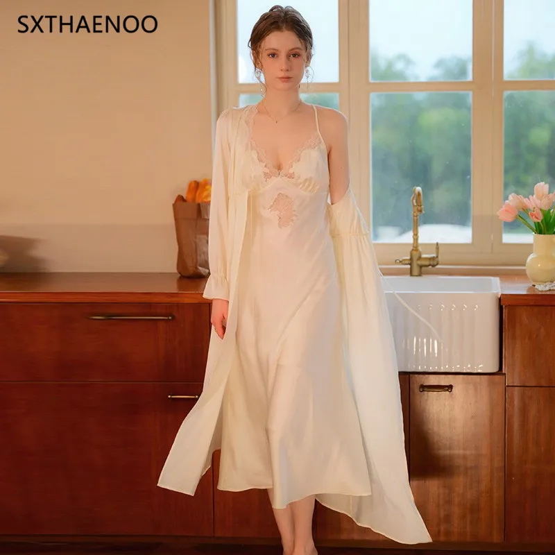 

SXTHAENOO 2024 Women Spring Sexy Nightdress New Ice Silk Suspender Lace Pajamas Elegant Robe Suit Oversize Loose Long Nightgown