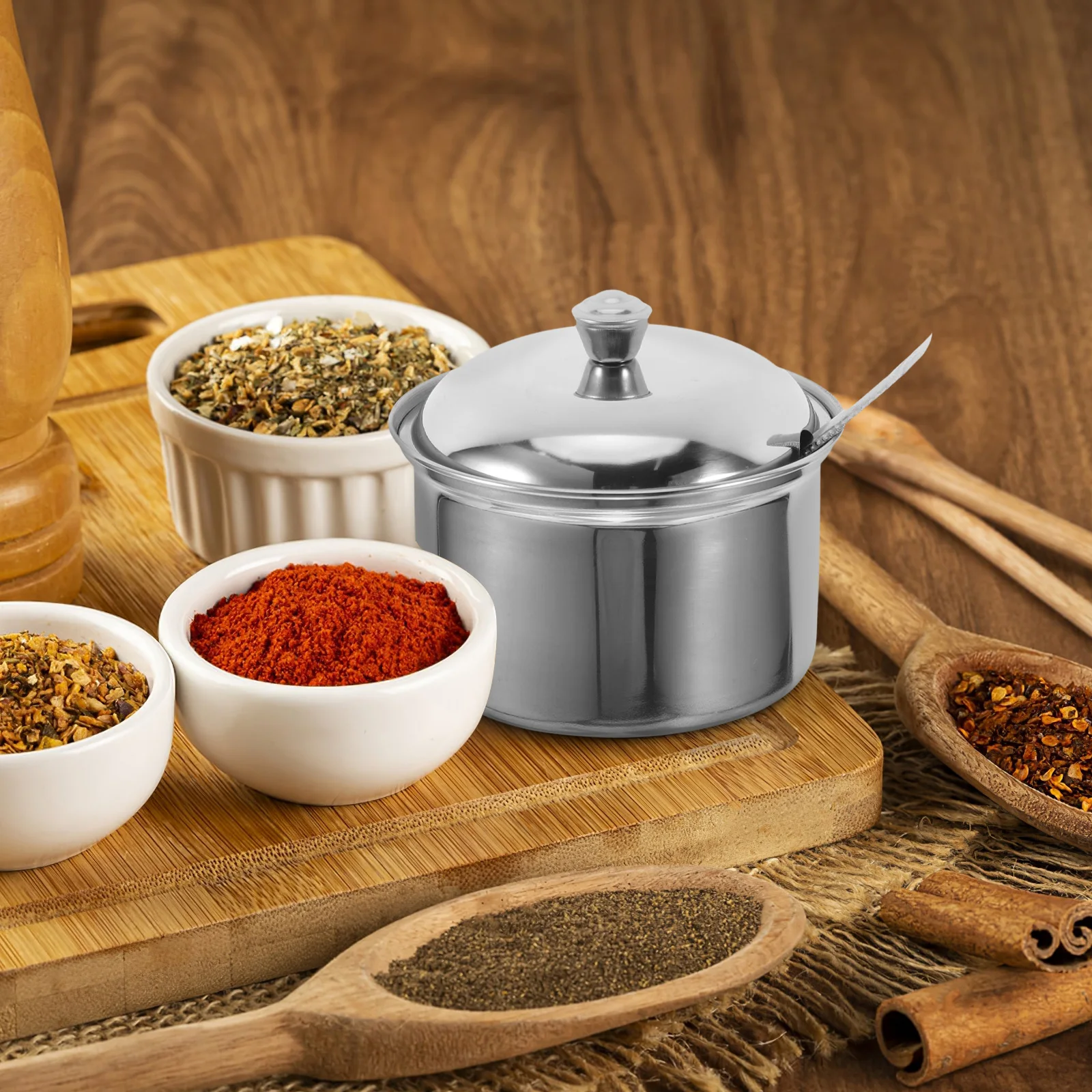 

Stainless Steel Seasoning Jar with Lid and Spoon Airtight Condiment Container for Kitchen Sugar Salt Storage Size M