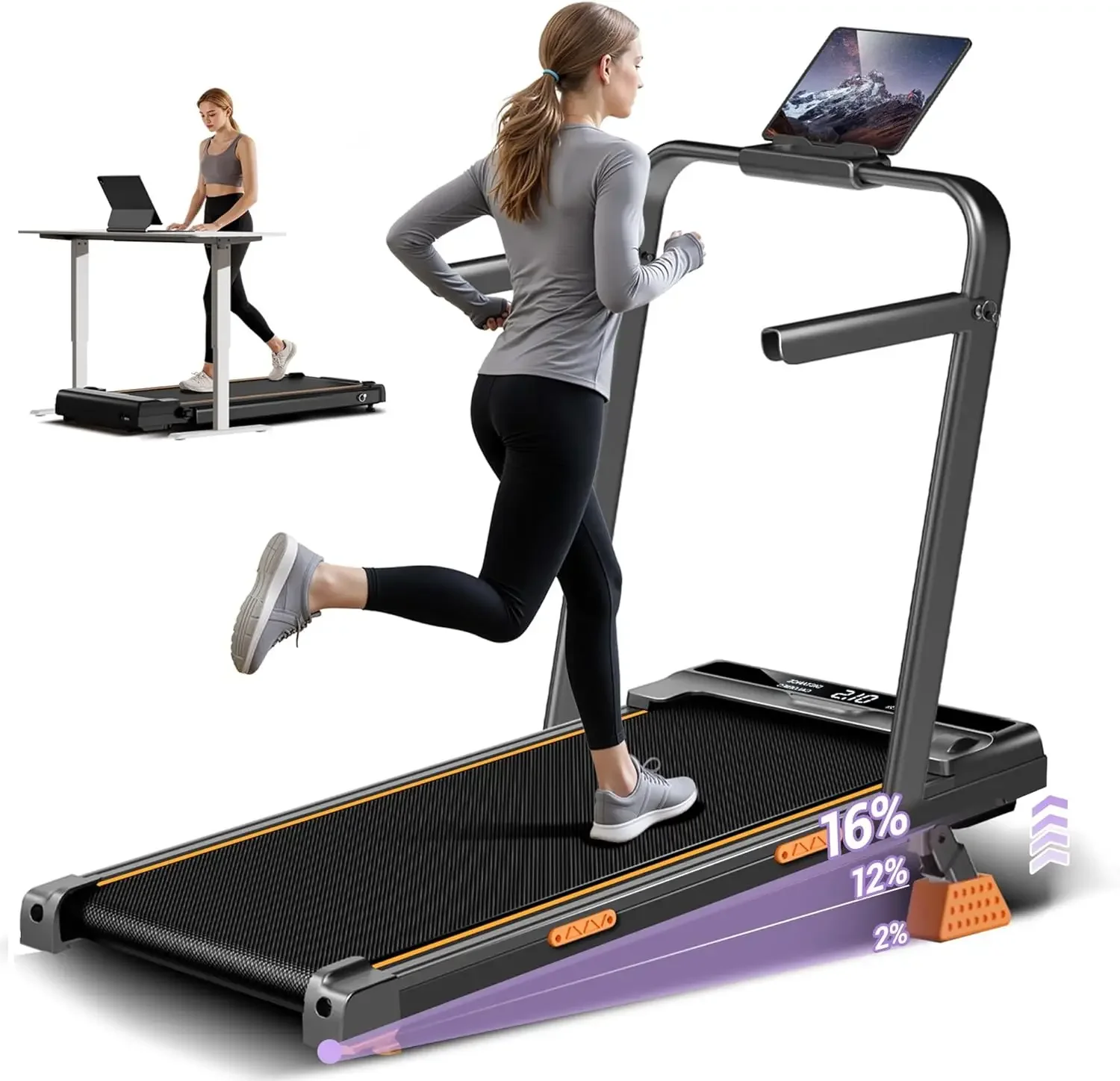 

16% Incline Walking Pad Treadmills for Home Small, 4-in-1 Under Desk Treadmill with Handles, Foldable Treadmill with 2.5 HP Quie