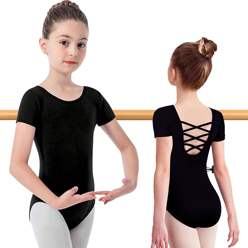 الفتيات فريق قصيرة الأكمام الباليه ملابس رقص الجمباز لفتاة الجمباز الرقص القمم مع الأشرطة المتقاطعة الظهر وبطانة ناعمة ثياب الرقص