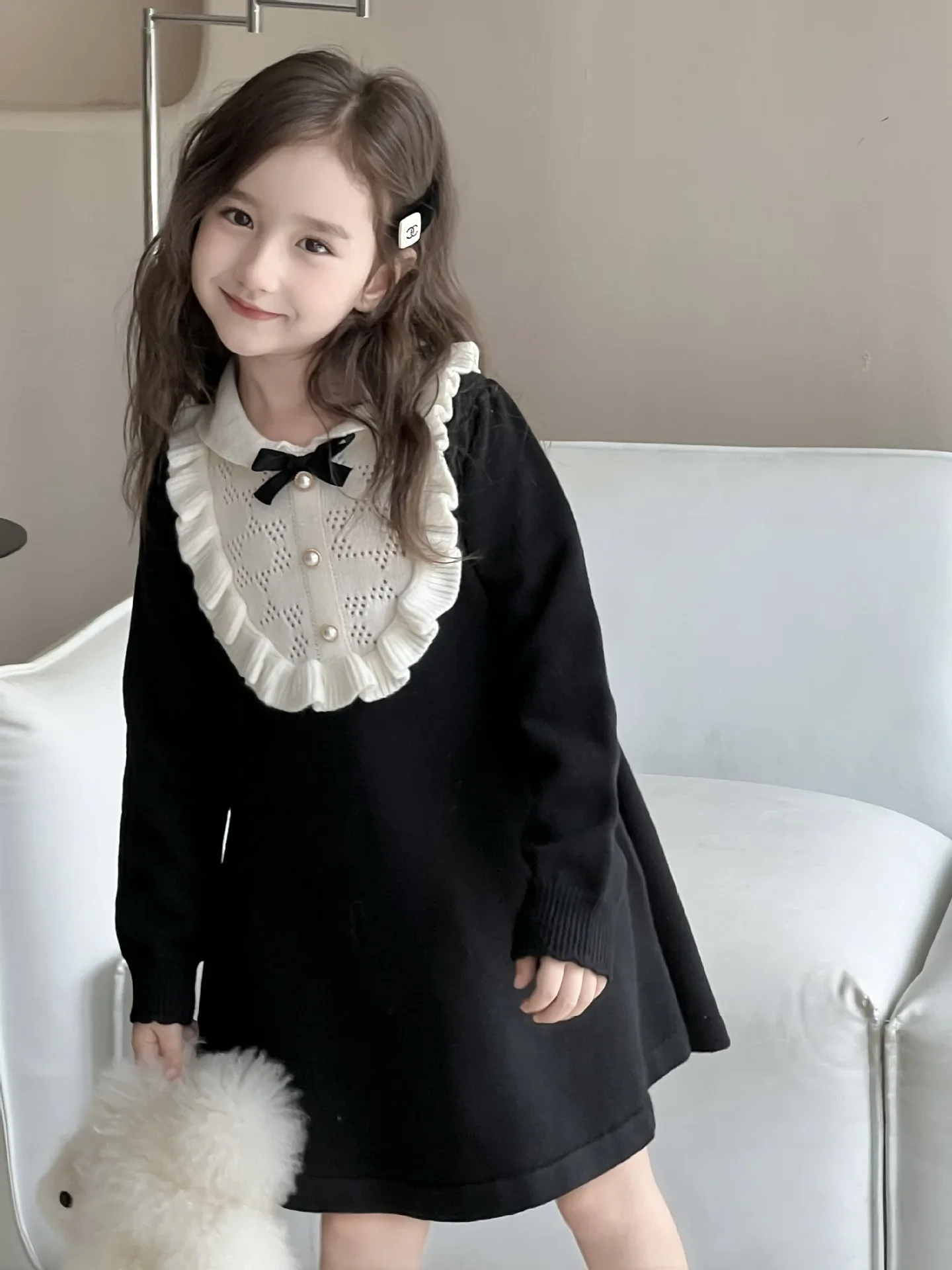 

Вязаное платье для девочек, осень-зима 2024, новое детское милое шерстяное платье с бантом для девочек