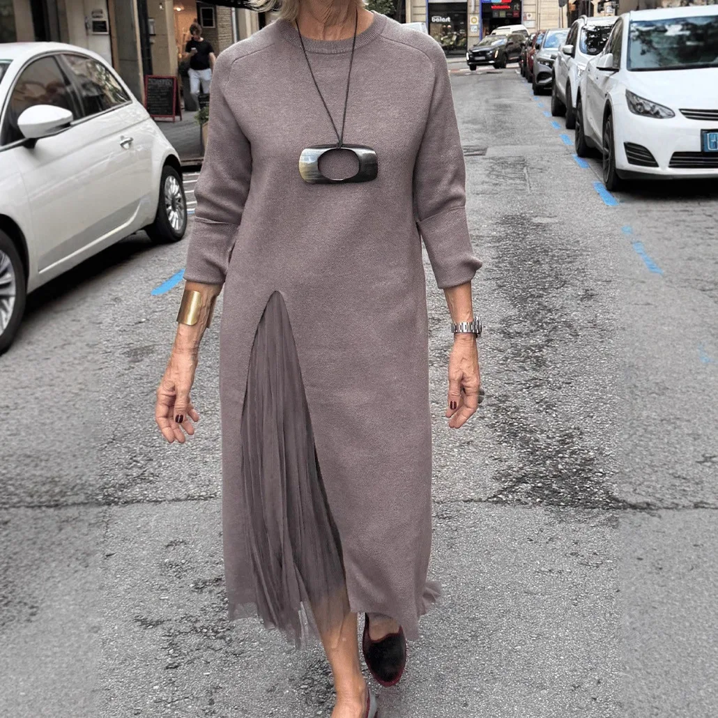 2026 Women's Crew Neck Knitted Split Split Mesh Casual Dress