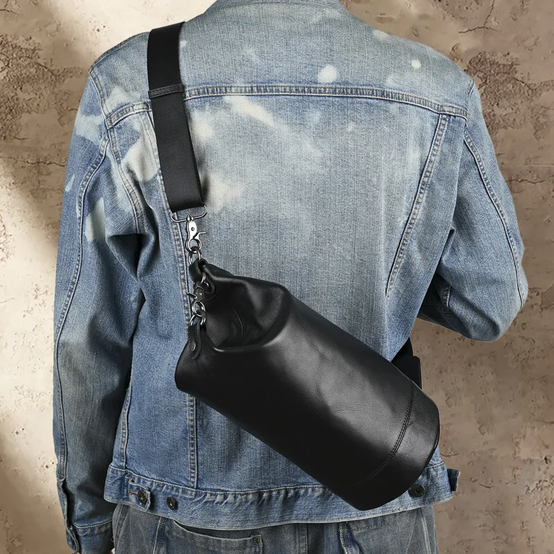 LD-Men's Top Layer Cowhide Single Shoulder Cowhide Retro Crossbody Bag Casual Versatile Leather Cylindrical Bag