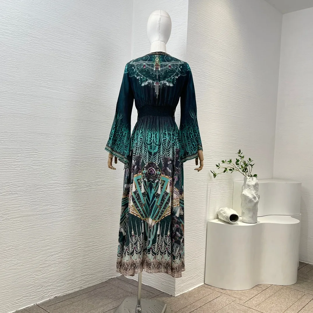 2024 Spring V-Neck Green Long Sleeve Diamonds Midi Dress