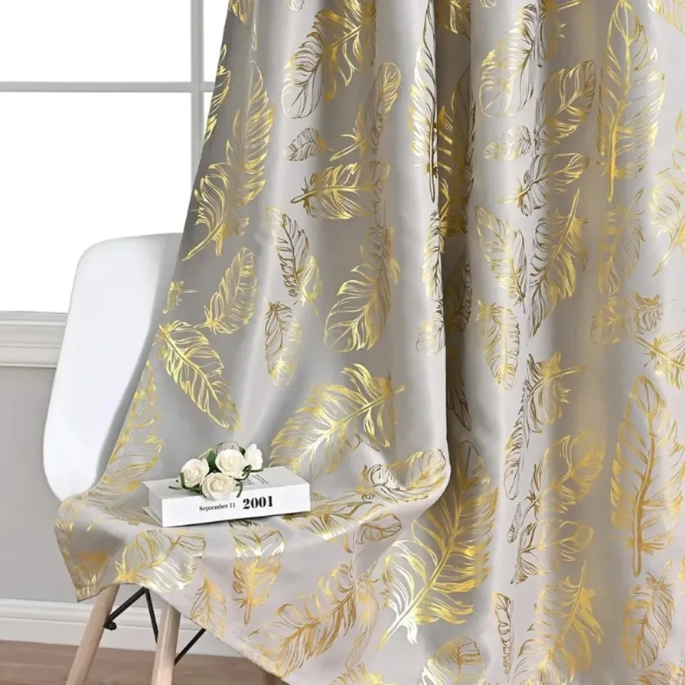 New Gold Stamping Feather Printed Blackout Sheer Custom Size Luxury Hotel Grade Drapes Curtains for Bedroom Living Room Kitchen