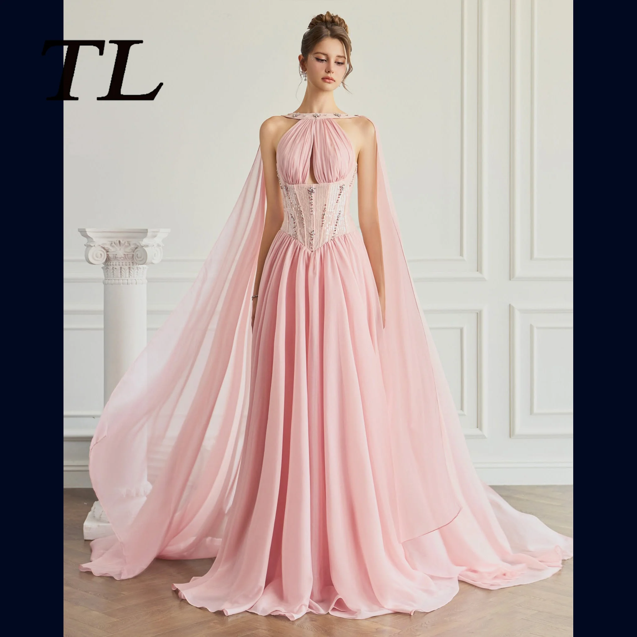 TL Customized 2027 Pink Chiffon Evening Dress Halter Beaded Corset Keyhole Cape Sleeves A Line Prom Gown Vestidos De Noche