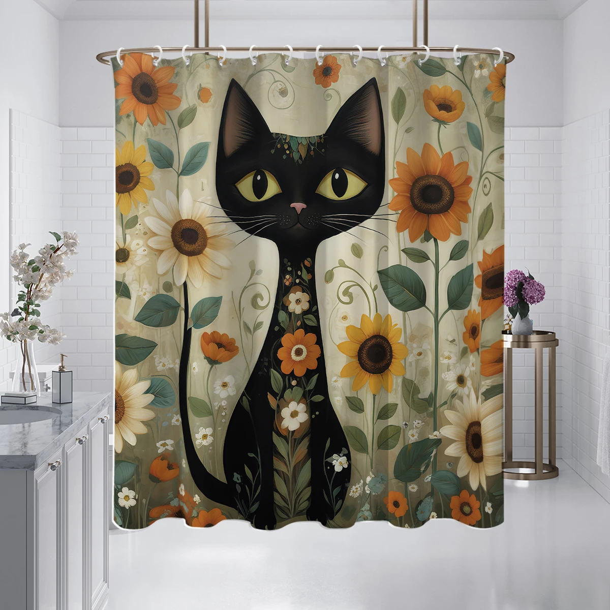 1PC watercolor cats and sunflowers printed shower curtain, waterproof, washable, with 12 hooks, bathroom shower, home use