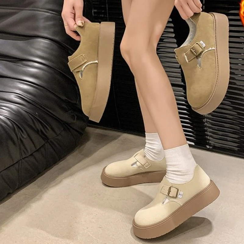 Winter Round Toe Plus Velvet Comfortable and Warm Women's Boots New Solid Color Elegant Buckle Toe Toe Platform Suede Snow Boots